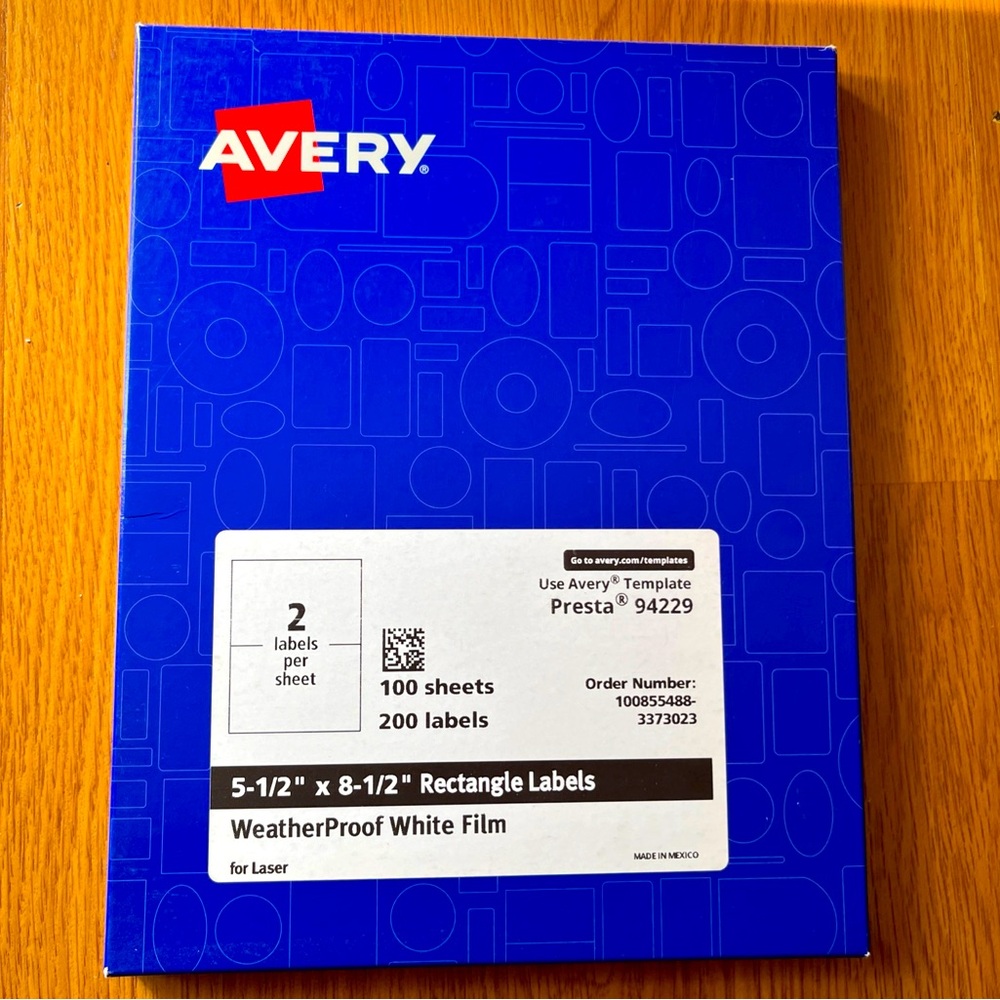 Avery Presta Labels 5-1/2" x 8-1/2" 2 Labels Sheet 100 Sheet 94229 White Film